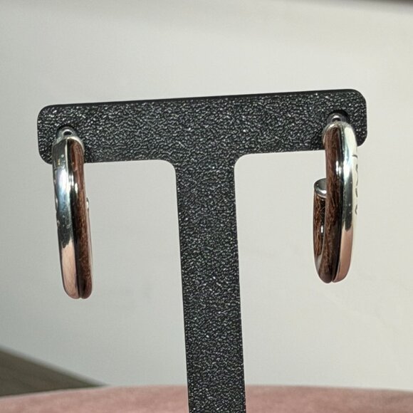 Brighton Reversible Earrings — Brown Woodgrain & Silver Swirl C-Hoops - Picture 4 of 6